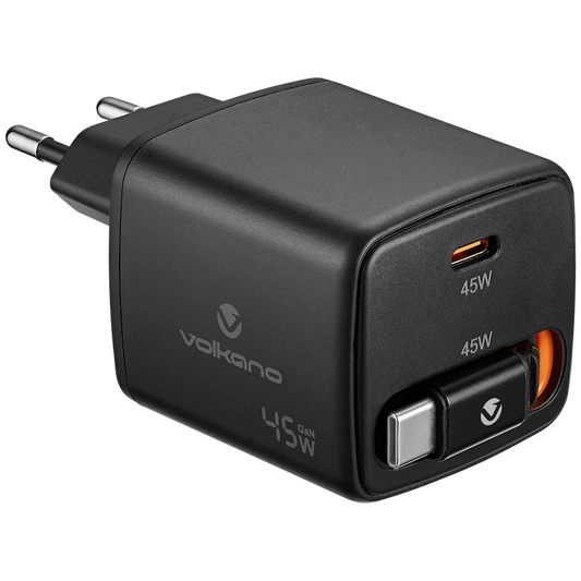 Volkano Sleek Series Fast Wall Charger 45W USB-C with Built-in Retractable 75cm Cable - Black | VK-8082-BK