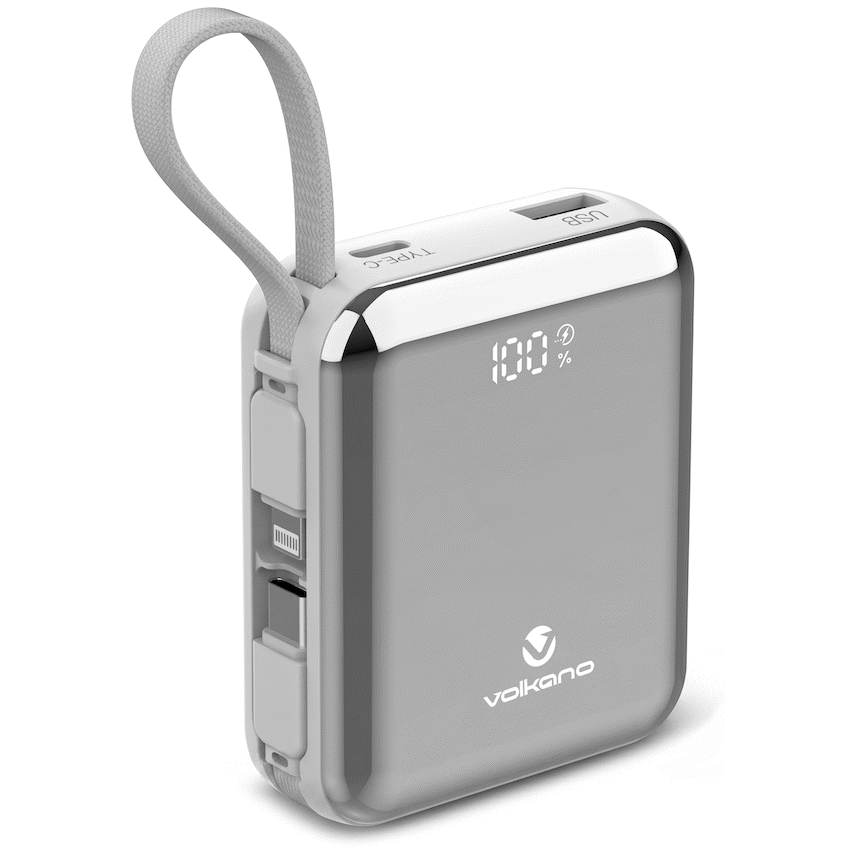 Volkano Solace Series 10 000 mAh Power Bank with Built-in USB-C & Lightning Cable - White & Silver | VK-9039-WT/SL