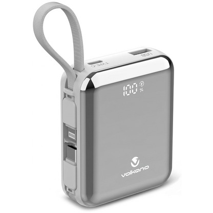 Volkano Solace Series 10 000 mAh Power Bank with Built-in USB-C & Lightning Cable - White & Silver | VK-9039-WT/SL