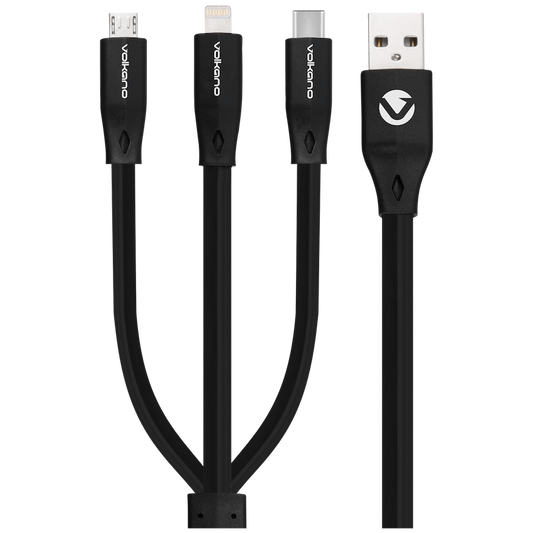 Volkano Slim Series Flat PVC 3-in-1 (Type-C / Lightning / Micro) Cable 30W 1m- Black | VK-20086-BK