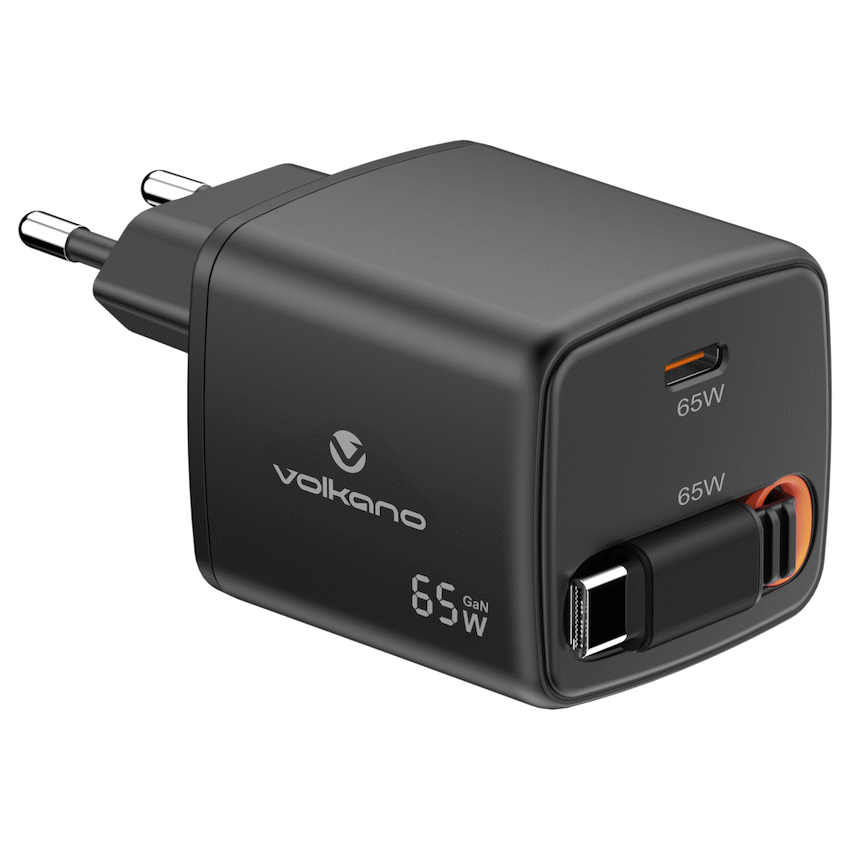Volkano Sleek Series Fast Wall Charger 65W USB-C with Built-in Retractable 75cm Cable - Black | VK-8083-BK