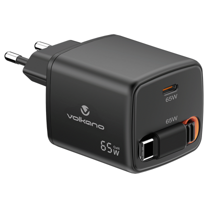 Volkano Sleek Series Fast Wall Charger 65W USB-C with Built-in Retractable 75cm Cable - Black | VK-8083-BK
