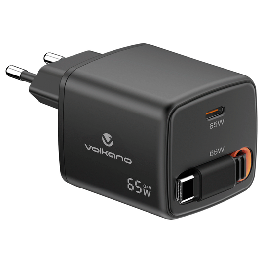 Volkano Sleek Series Fast Wall Charger 65W USB-C with Built-in Retractable 75cm Cable - Black | VK-8083-BK