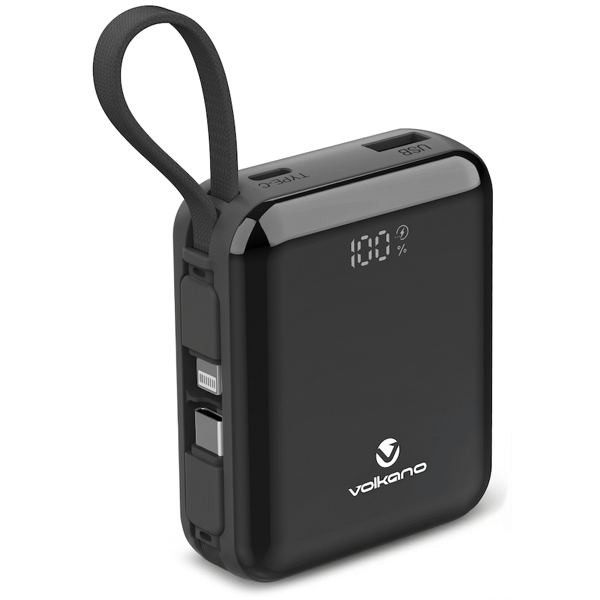 Volkano Solace Series 10 000 mAh Power Bank with Built-in USB-C & Lightning Cable - Black | VK-9039-BK