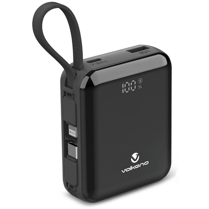 Volkano Solace Series 10 000 mAh Power Bank with Built-in USB-C & Lightning Cable - Black | VK-9039-BK