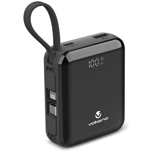 Volkano Solace Series 10 000 mAh Power Bank with Built-in USB-C & Lightning Cable - Black | VK-9039-BK