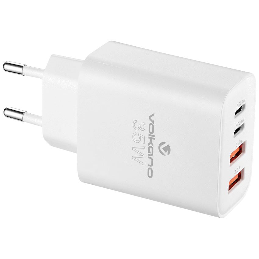 Volkano Quad Series 2x PD USB-C 2x USB-A 3a 35W Wall Charger | VK-8059-WT