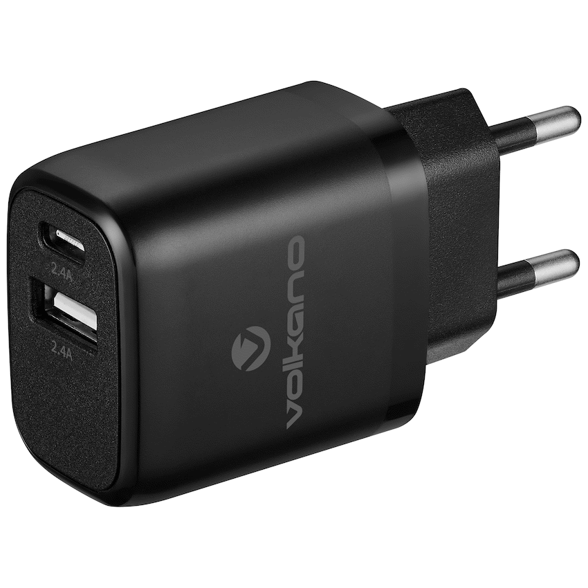 Volkano Cupla Series 5v/2.4a 12w Dual USB-A & USB-C Wall Charger - Black | VK-8041-BK[V2]