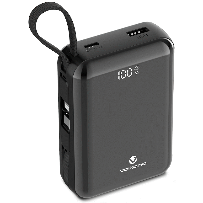 Volkano Solace Series 20 000 mAh Power Bank with Built-in USB-C & Lightning Cable - Black | VK-9040-BK
