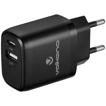 Volkano Volt-C Series Dual USB and USB-C Wall Charger with USB to USB-C Cable Included | VK-5002C-BK[V2]