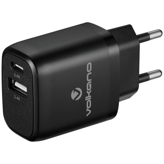 Volkano Volt-C Series Dual USB and USB-C Wall Charger with USB to USB-C Cable Included | VK-5002C-BK[V2]