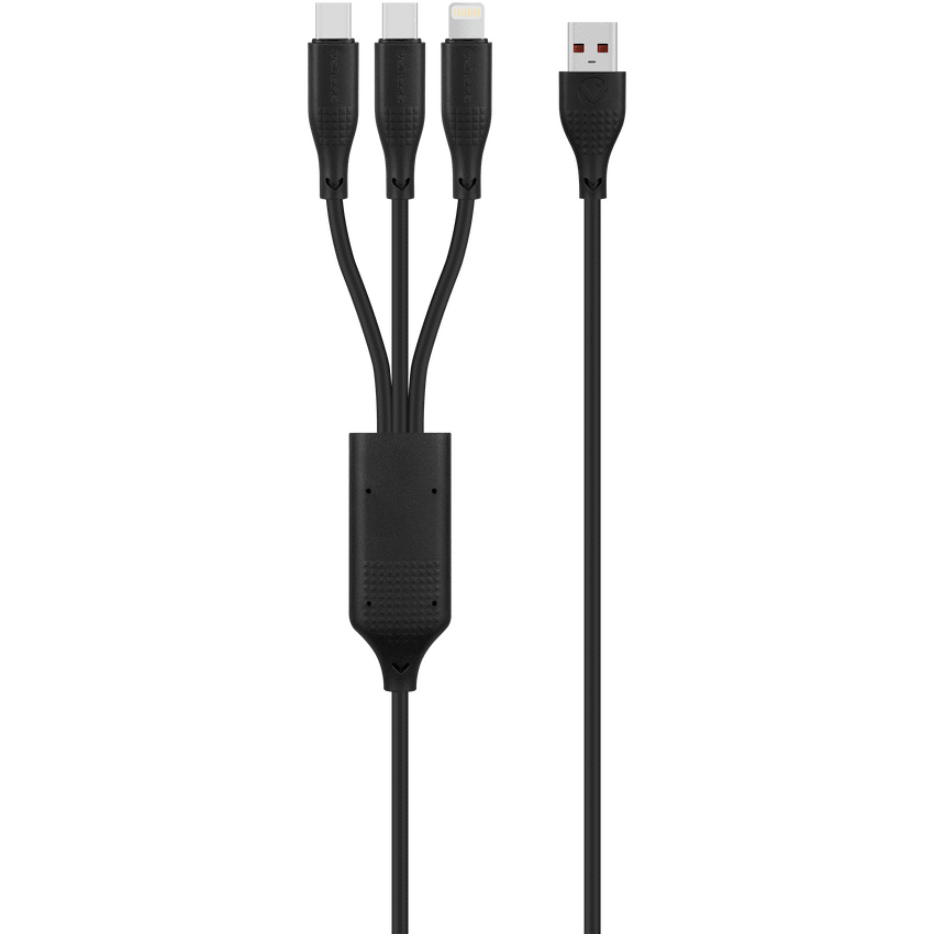 Volkano Nova Series USB-A to 2 USB-C and Lightning Cable 100W 1.2m TPE - Black | VK-30088-BK
