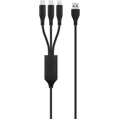 Volkano Nova Series USB-A to 2 USB-C and Lightning Cable 100W 1.2m TPE - Black | VK-30088-BK
