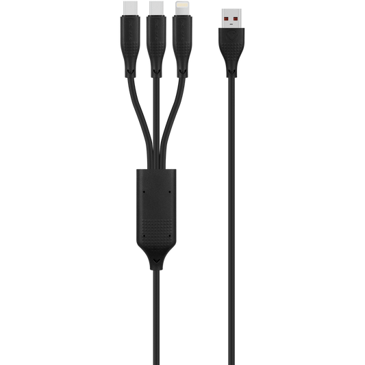 Volkano Nova Series USB-A to 2 USB-C and Lightning Cable 100W 1.2m TPE - Black | VK-30088-BK