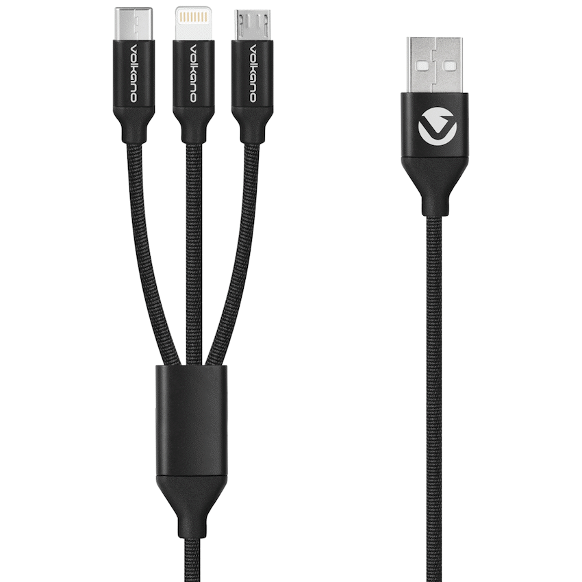 Volkano Weave Series Fabric Braided 3-in-1 (Type-C/Lightning/Micro) Cable 1m - Black | VK-20111-BK