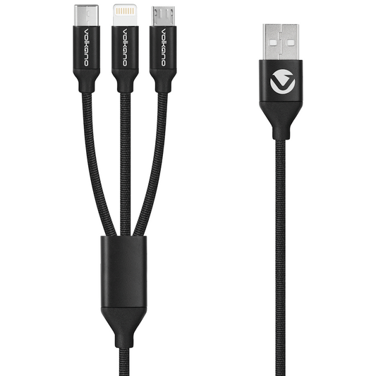 Volkano Weave Series Fabric Braided 3-in-1 (Type-C/Lightning/Micro) Cable 1m - Black | VK-20111-BK