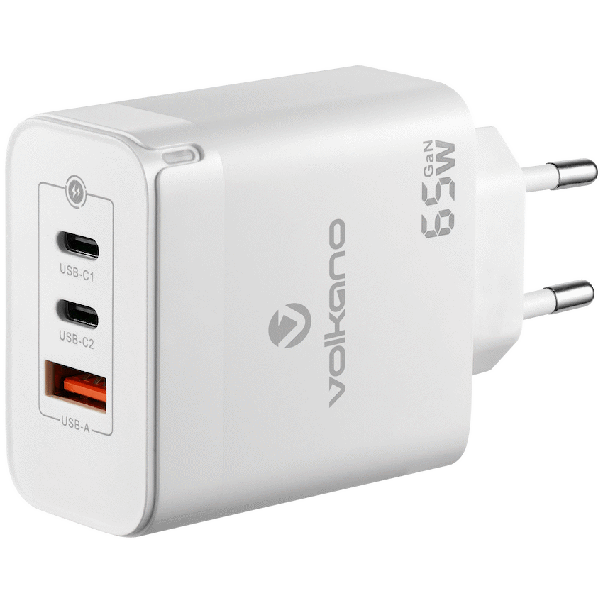 Volkano Potent Trio 65w GaN 3 Port Wall Charger | VK-8065-WT