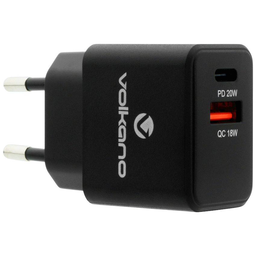 Volkano On-the-Go USB + Type-C 20w PD Wall Charger | VK-PDQ-302-BK