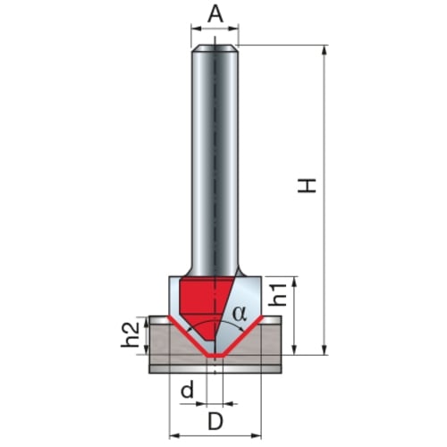 Freud V-Groove Router Bit, D-19.05mm x h1-12.5mm x h2-6.0mm x H-50.8mm x C-2.5mm x a-108 x A-1/4" | 21-14625P