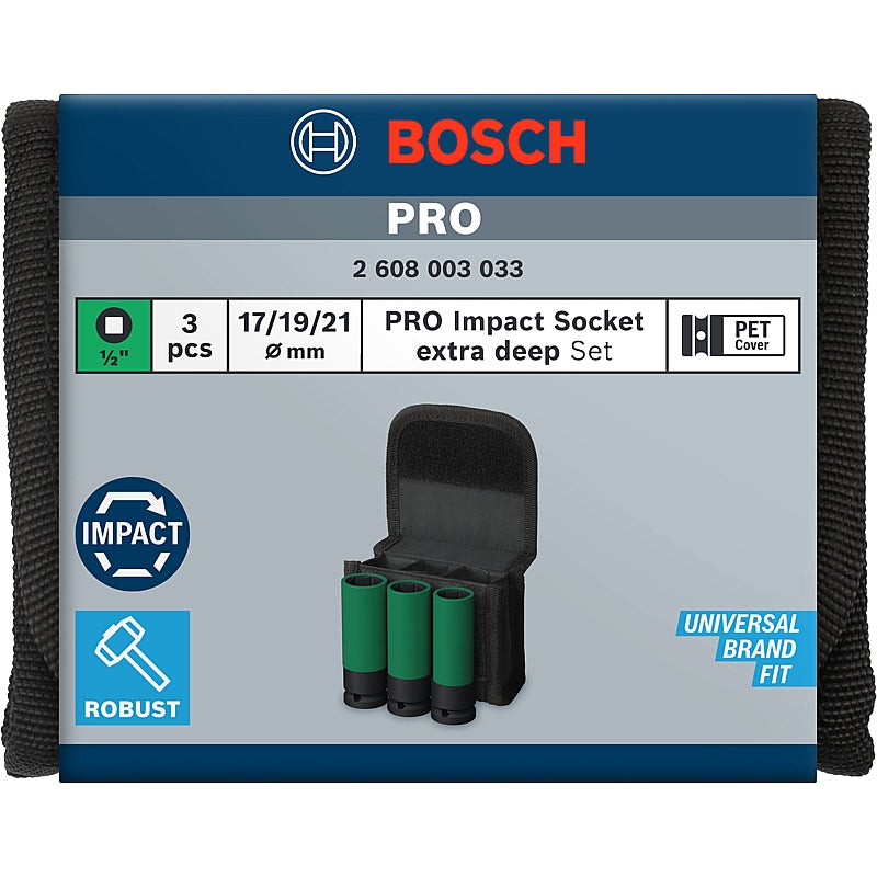 Bosch 3Pc PRO Extra-Deep Impact Socket Set, 17/19/21mm, 1/2 Sq. Dr. | 2608003033