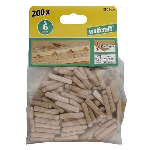 Wolfcraft 200 Piece Dowel Pins Beech, 6mm x 30mm | 2905000