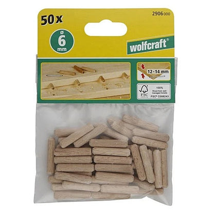 Wolfcraft 50 Piece Dowel Pins Beech, 6mm x 30mm | 2906000