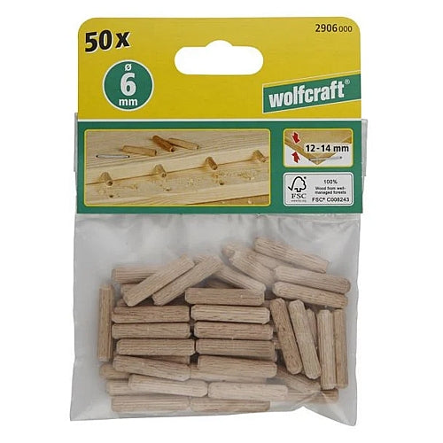 Wolfcraft 50 Piece Dowel Pins Beech, 6mm x 30mm | 2906000