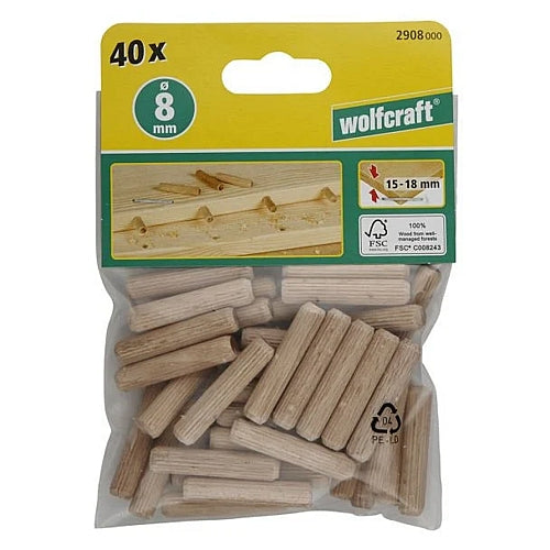 Wolfcraft 40 Piece Dowel Pins Beech, 8mm x 40mm | 2908000