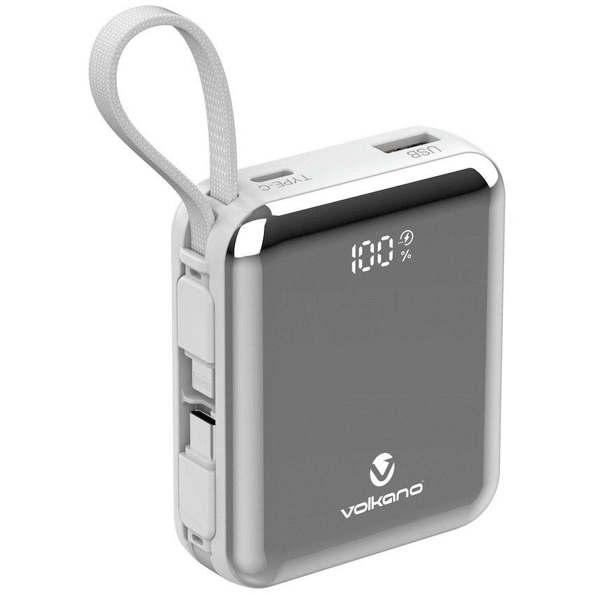 Volkano Solace Series 10 000 mAh Power Bank with Built-in USB-C & Lightning Cable - White & Silver | VK-9039-WT/SL