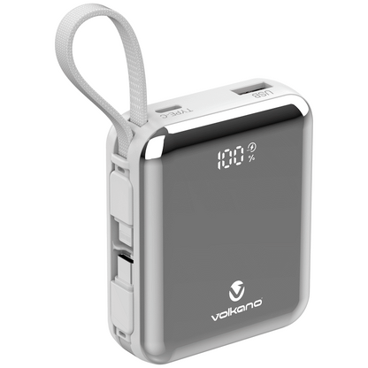 Volkano Solace Series 10 000 mAh Power Bank with Built-in USB-C & Lightning Cable - White & Silver | VK-9039-WT/SL