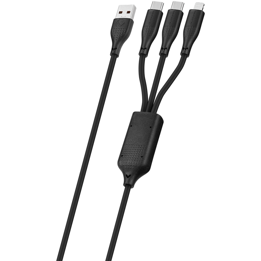 Volkano Nova Series USB-A to 2 USB-C and Lightning Cable 100W 1.2m TPE - Black | VK-30088-BK
