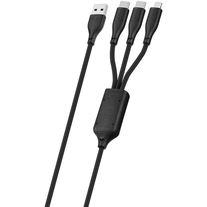 Volkano Nova Series USB-A to 2 USB-C and Lightning Cable 100W 1.2m TPE - Black | VK-30088-BK