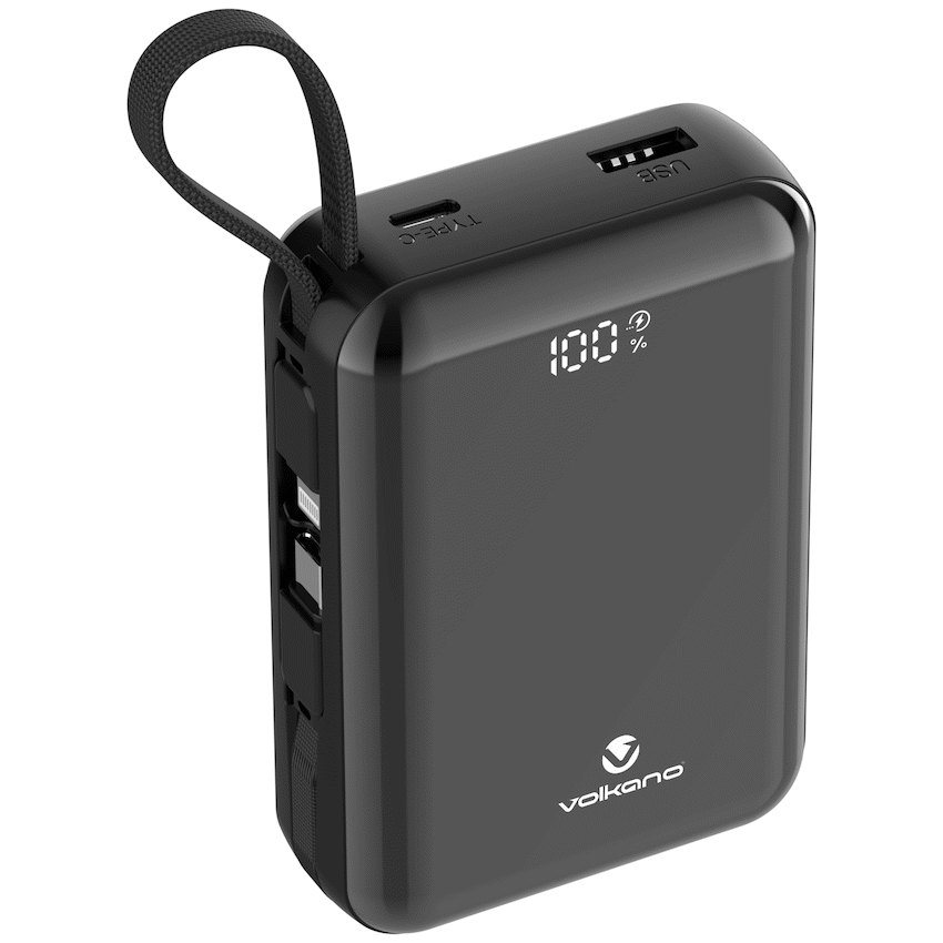 Volkano Solace Series 20 000 mAh Power Bank with Built-in USB-C & Lightning Cable - Black | VK-9040-BK