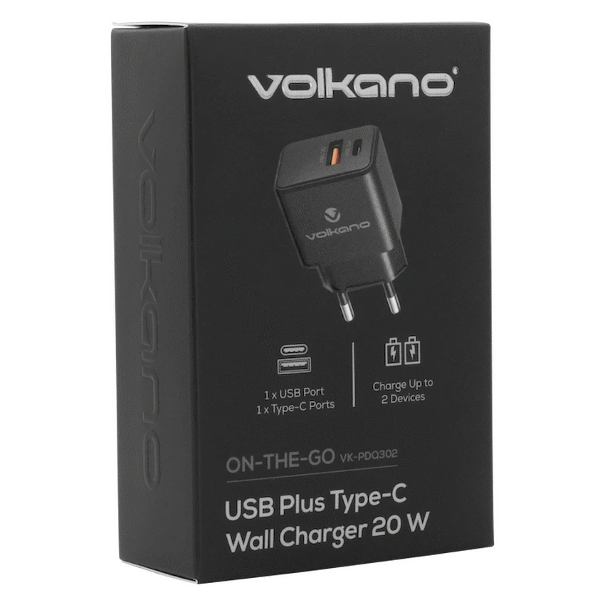 Volkano On-the-Go USB + Type-C 20w PD Wall Charger | VK-PDQ-302-BK