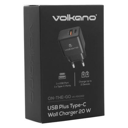 Volkano On-the-Go USB + Type-C 20w PD Wall Charger | VK-PDQ-302-BK