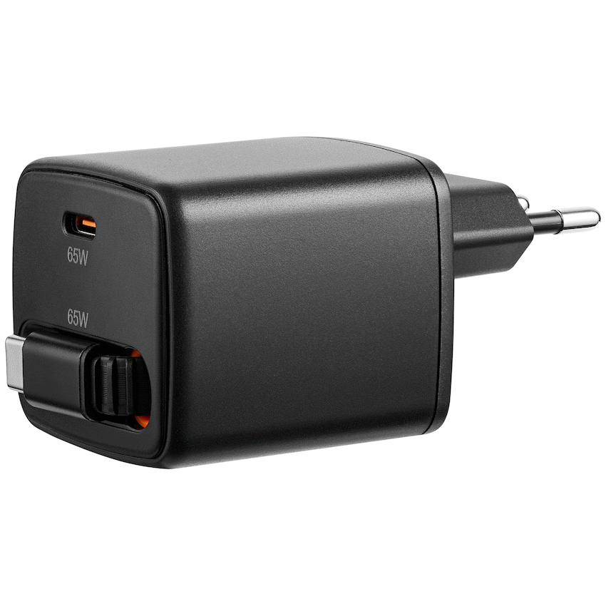 Volkano Sleek Series Fast Wall Charger 65W USB-C with Built-in Retractable 75cm Cable - Black | VK-8083-BK
