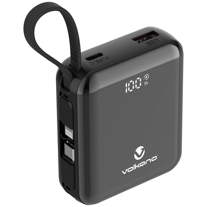 Volkano Solace Series 10 000 mAh Power Bank with Built-in USB-C & Lightning Cable - Black | VK-9039-BK