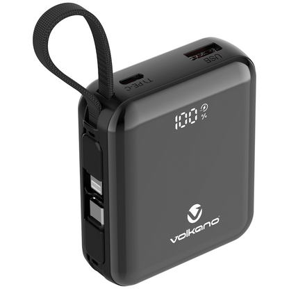 Volkano Solace Series 10 000 mAh Power Bank with Built-in USB-C & Lightning Cable - Black | VK-9039-BK