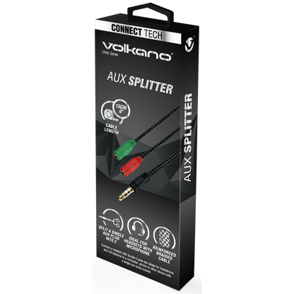 Volkano Unity Series AUX Splitter 4-Pole Plug to 2 AUX Sockets | VK-20221-BK