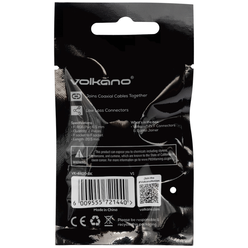 Volkano 2x F Connector & Barrel Joiner | VK-4400-BK