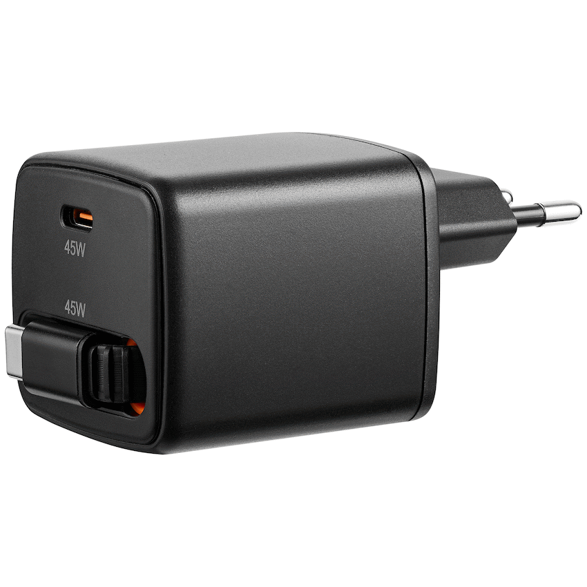 Volkano Sleek Series Fast Wall Charger 45W USB-C with Built-in Retractable 75cm Cable - Black | VK-8082-BK