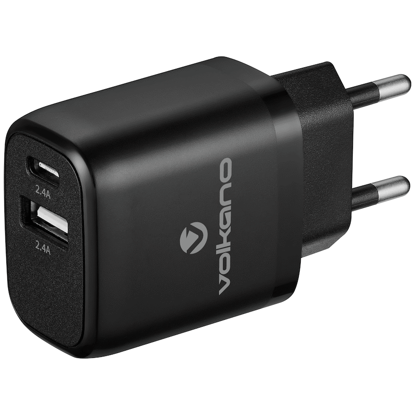 Volkano Volt-C Series Dual USB and USB-C Wall Charger with USB to USB-C Cable Included | VK-5002C-BK[V2]