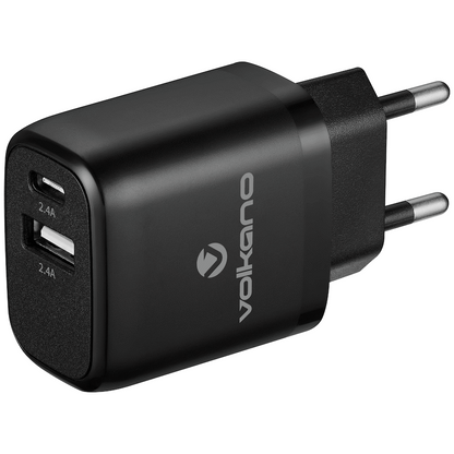 Volkano Volt-C Series Dual USB and USB-C Wall Charger with USB to USB-C Cable Included | VK-5002C-BK[V2]