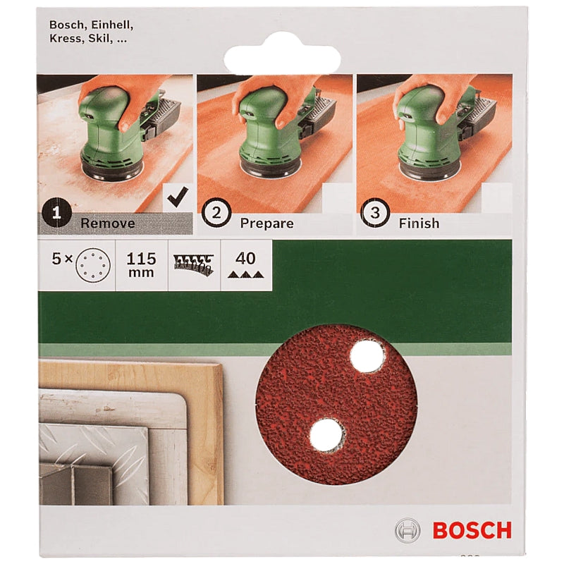 Bosch DIY 5-Piece 115mm Sanding Discs with 8-Holes, 40 to 240 Grit
