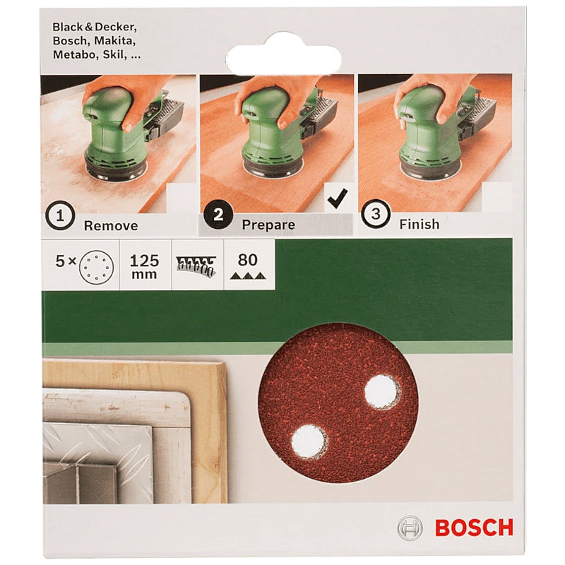 Bosch DIY 5-Piece 125mm Sanding Discs with 8-Holes, 40 to 240 Grit