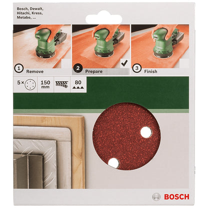 Bosch DIY 5-Piece 150mm Sanding Discs with 6-Holes, 40 to 240 Grit