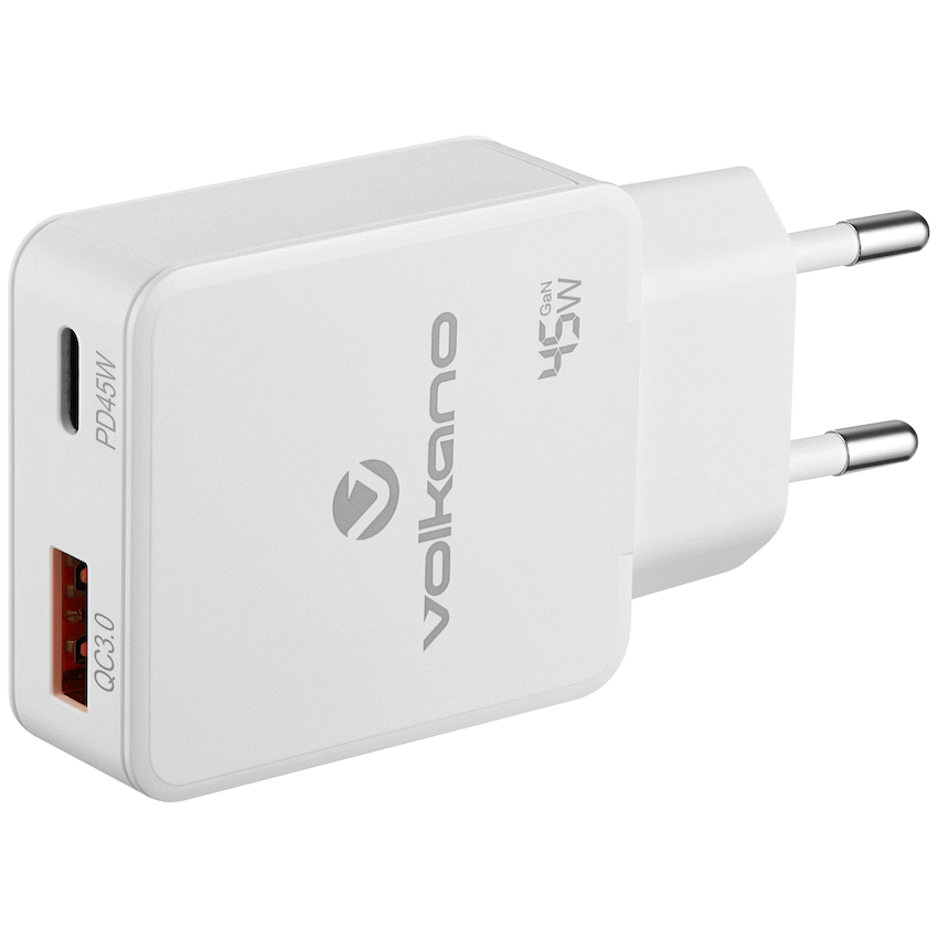 Volkano Potent Plus series 45W GaN Compact Dual USB and USB-C PD Wall Charger | VK-8054-WT[V2]