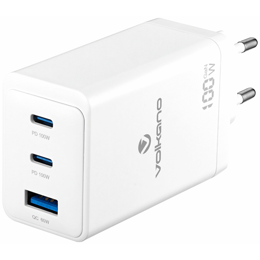 Volkano WattPro Series Triple Port 100W GaN Wall Charger - White | VK-8068-WT