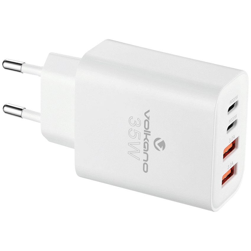 Volkano Quad Series 2x PD USB-C 2x USB-A 3a 35W Wall Charger | VK-8059-WT