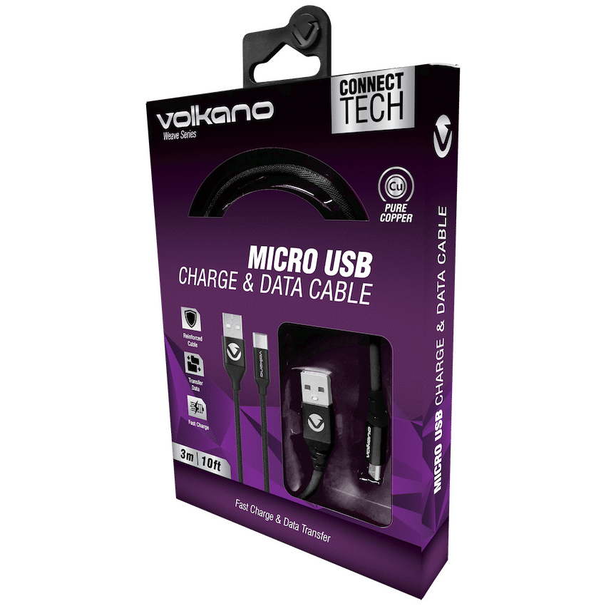 Volkano Weave Series Fabric Braided Micro-USB Cable 3m - Black | VK-20146-BK